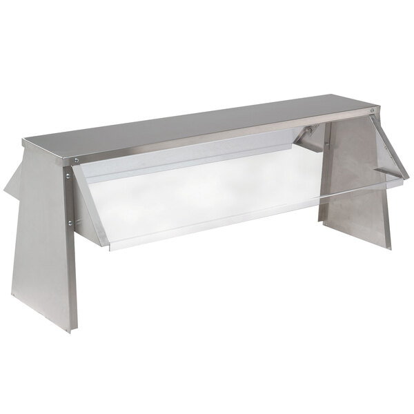 A stainless steel Advance Tabco buffet shelf with a clear sneeze guard over food on a counter.