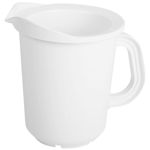A San Jamar white plastic pitcher with a handle.