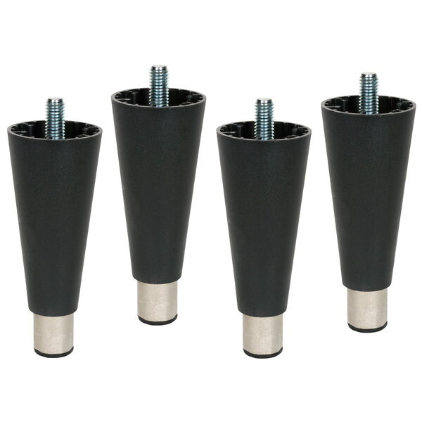 Four black Beverage-Air plastic legs with screws.