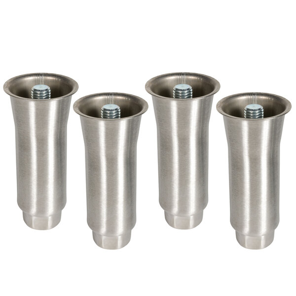 A set of three silver metal adjustable legs with screws.