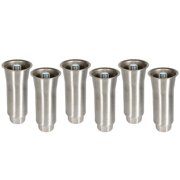 A set of six silver metal adjustable legs with screws.
