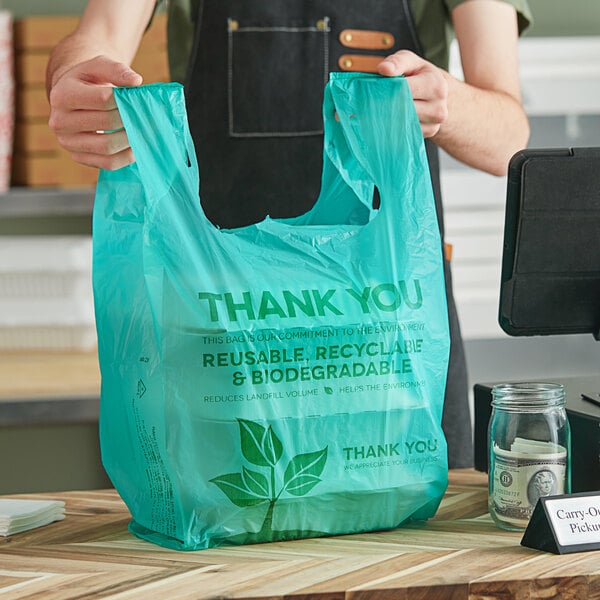 A person holding a green EcoChoice plastic T-shirt bag with leaves on it.