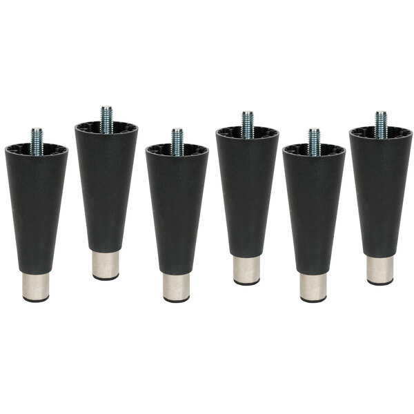 A group of black Beverage-Air refrigeration legs with silver metal attachments.