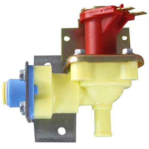 A close-up of a yellow and red water valve with a yellow and red device on it.