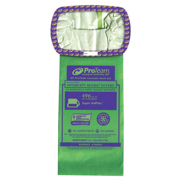 A green and purple ProTeam Intercept vacuum bag package.