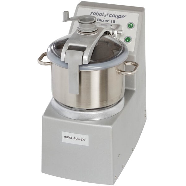 A Robot Coupe stainless steel commercial food processor with a lid on top.