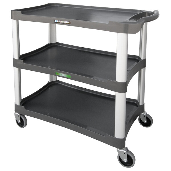 A gray Lakeside three shelf utility cart with wheels.