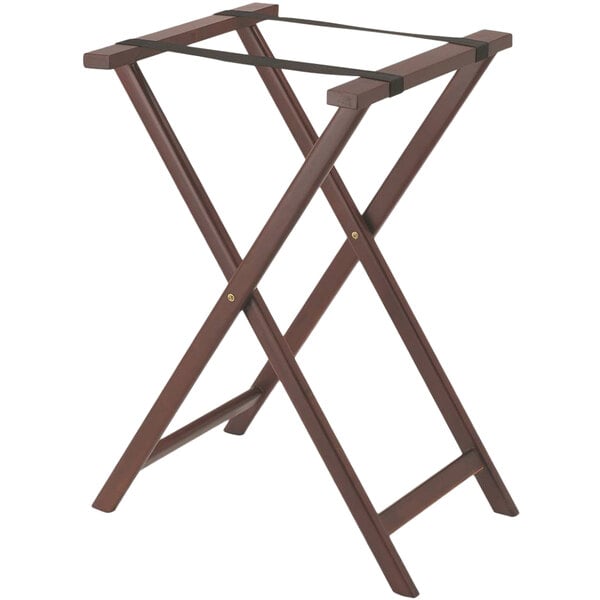 A brown wooden Aarco folding tray stand with two legs.