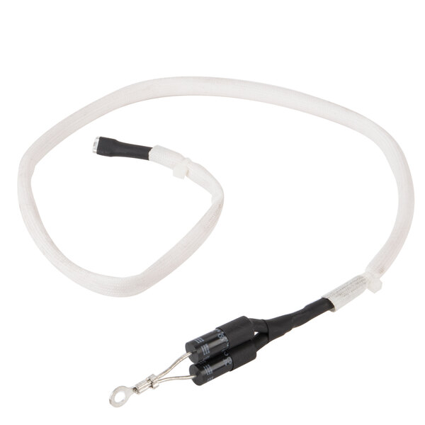 A white cable with a black connector and black and white wires.