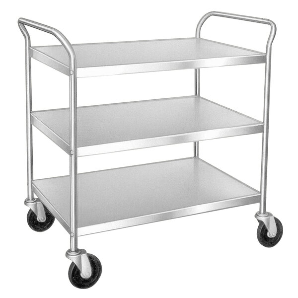 A Lakeside stainless steel utility cart with three shelves and chrome-plated legs and wheels.