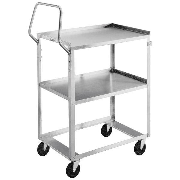 A Lakeside stainless steel utility cart with two shelves and wheels.