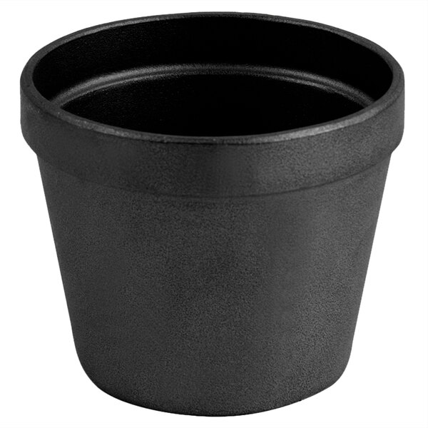 A black Bon Chef cast aluminum pot with a lid.