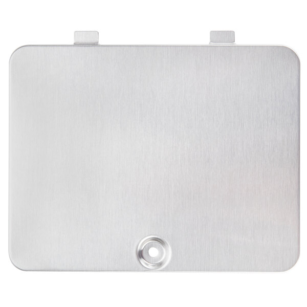 A silver rectangular Solwave light bulb access cover with a hole in the middle.