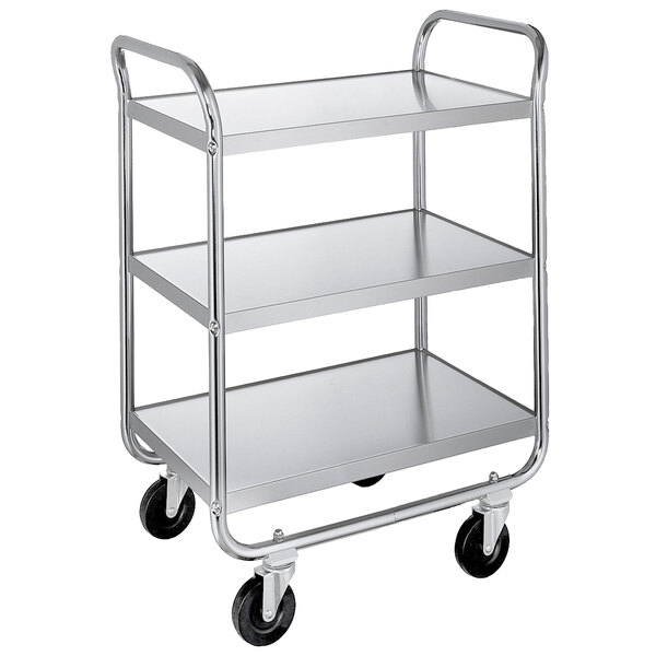A silver Lakeside three shelf metal utility cart with wheels.