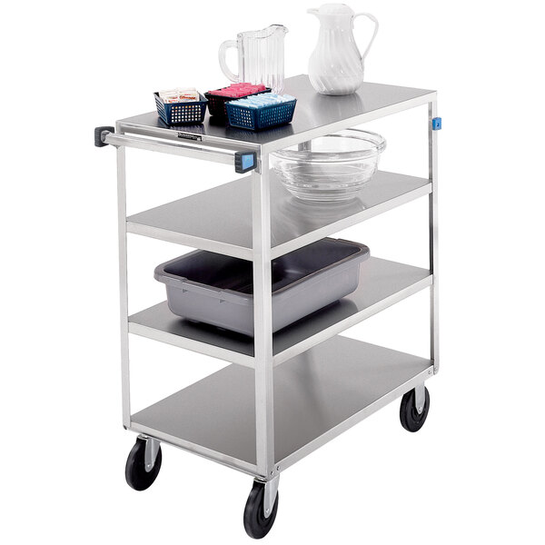 A Lakeside stainless steel utility cart with dishes and bowls on it.