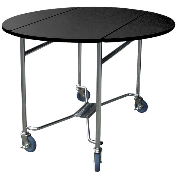 A Lakeside round top room service table with a black surface and blue wheels.