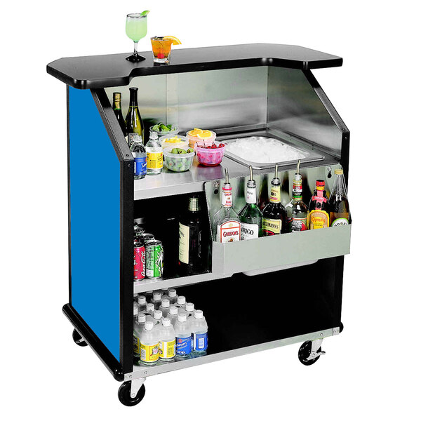 A Lakeside portable bar cart with drinks and bottles on it with a blue and black finish.