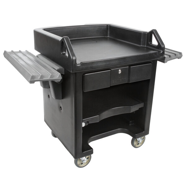 A black Cambro Versa cart with two shelves and casters.