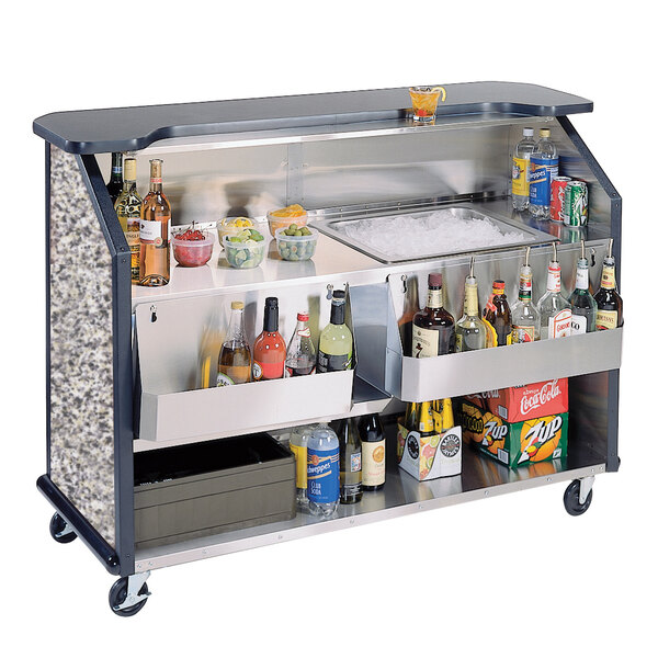 A Lakeside stainless steel portable bar cart with bottles and ice on it.