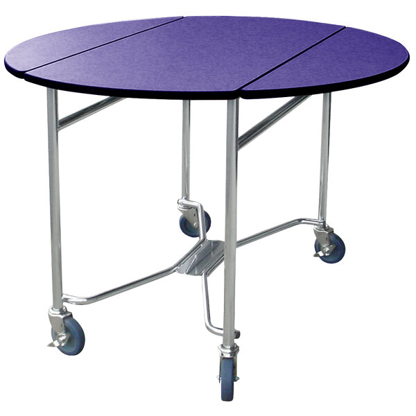 A Lakeside round room service table with a purple finish and wheels.