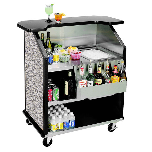 A Lakeside stainless steel portable bar cart with drinks and beverages.