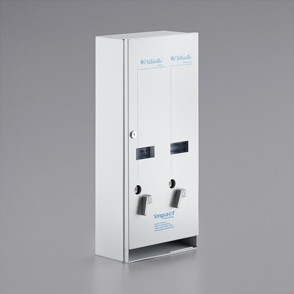 A white metal Naturelle dispenser box with blue handles and a keyhole.