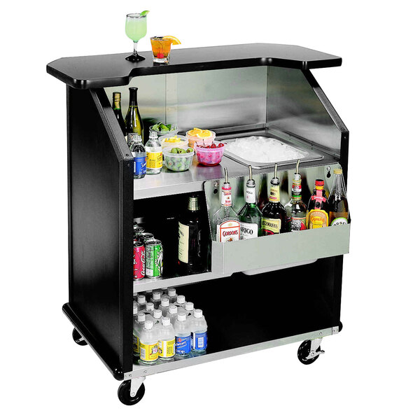 A Lakeside stainless steel portable bar cart with black laminate finish holding drinks and bottles.