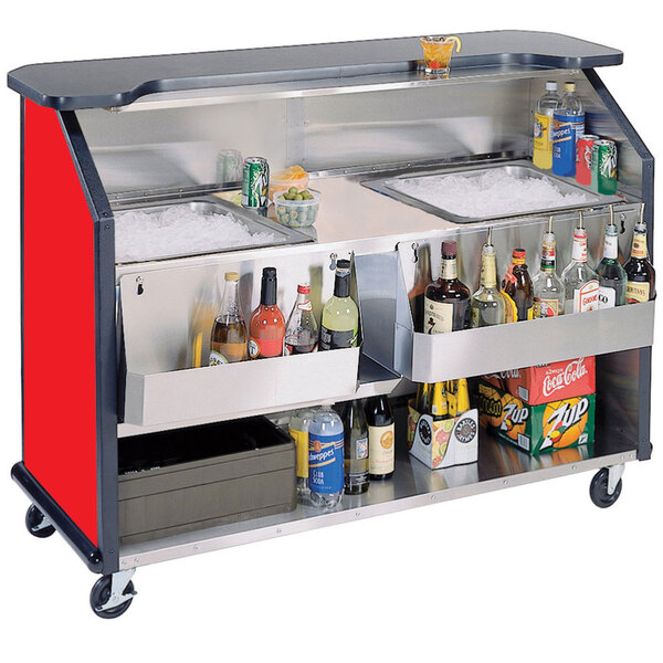 A Lakeside portable bar cart with bottles and ice on it.