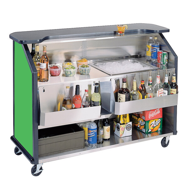 A Lakeside portable bar cart with green laminate finish holding drinks and bottles.