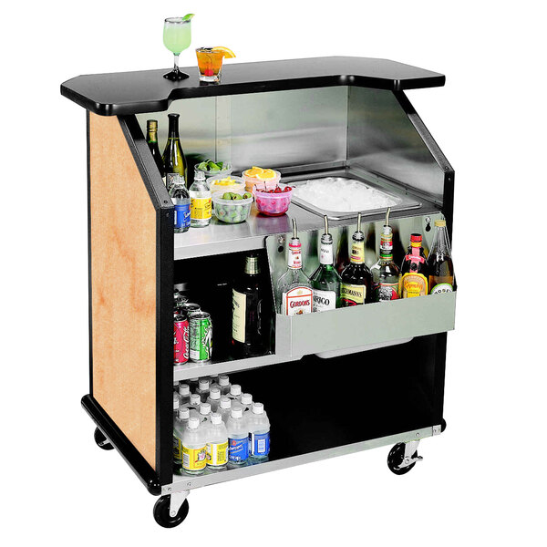 A Lakeside stainless steel portable bar cart with drinks and bottles.