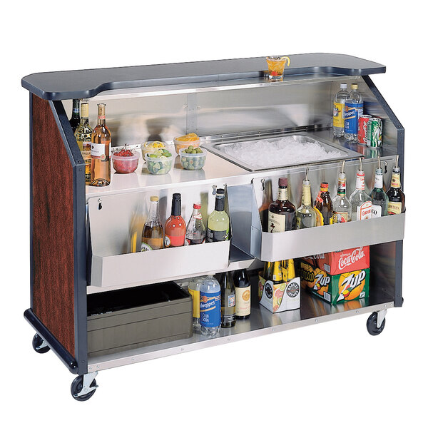 A Lakeside portable bar with bottles and ice on it.