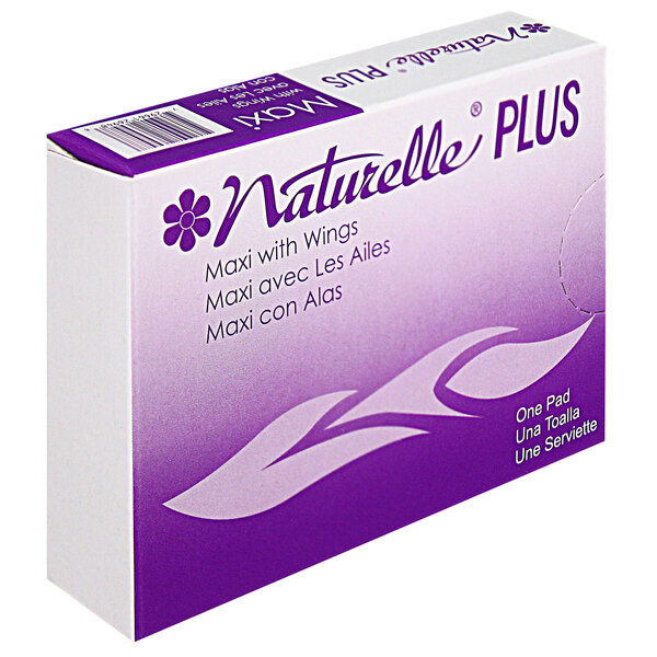 A purple and white box of Impact NaturellePlus Maxi pads with wings.