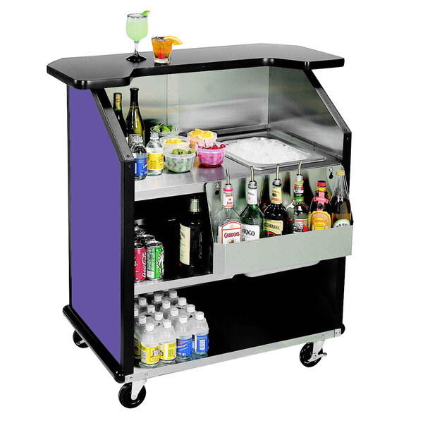 A Lakeside portable bar cart with purple laminate and drinks and bottles on it.