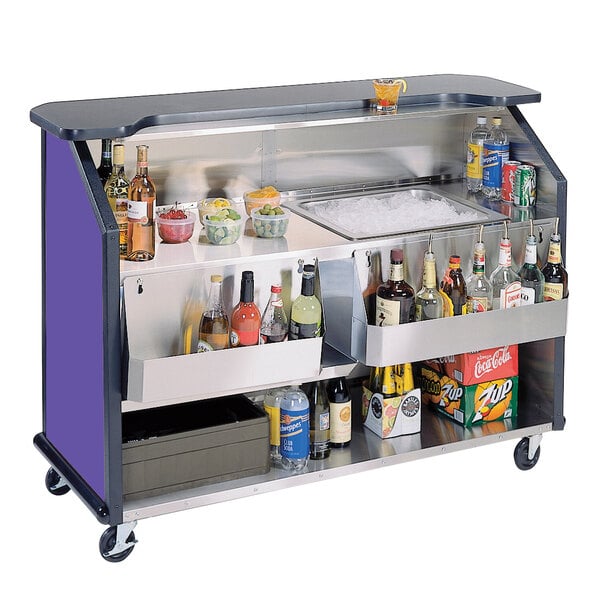 A Lakeside portable bar cart full of drinks and bottles with ice.