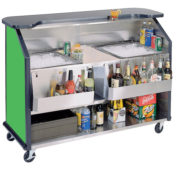 A Lakeside portable bar cart with green laminate finish, bottles, and ice.