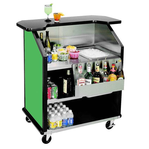 A Lakeside stainless steel portable bar cart with drinks and beverages on it.