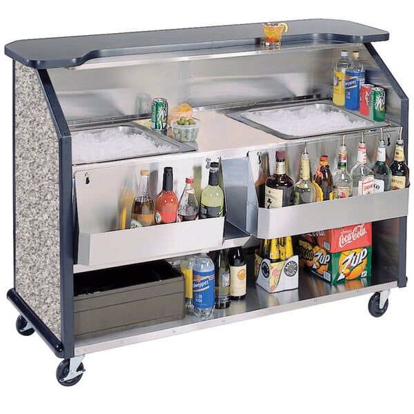 A Lakeside stainless steel portable bar with bottles and ice on it.