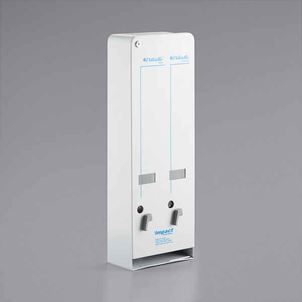 A white rectangular Naturelle sanitary napkin and tampon dispenser with blue lines and two buttons.