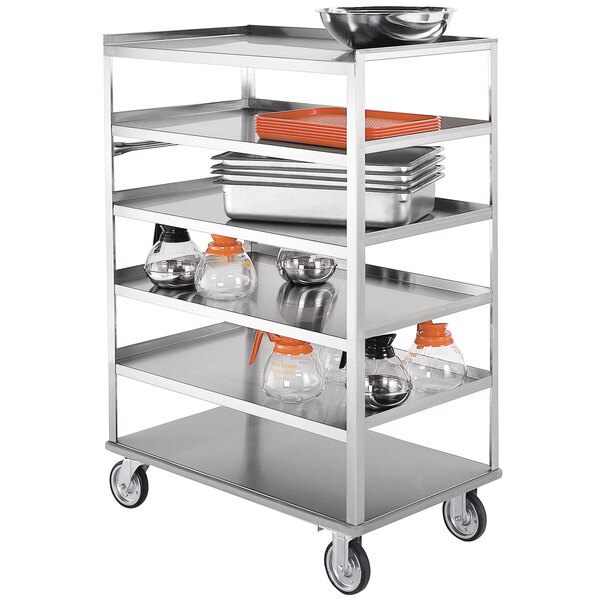 A Lakeside stainless steel utility cart with dishes and utensils on it.