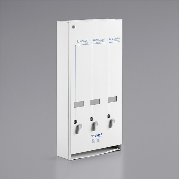A white rectangular Naturelle dispenser with blue and white buttons.