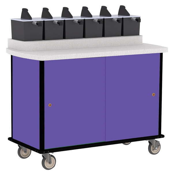A purple Lakeside condiment cart with black bins on top.