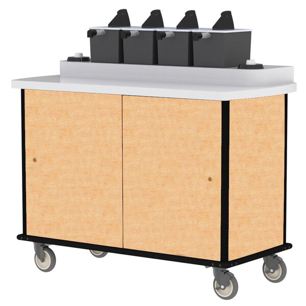 A Lakeside Hard Rock Maple condiment cart with cup dispensers and black trays on top.