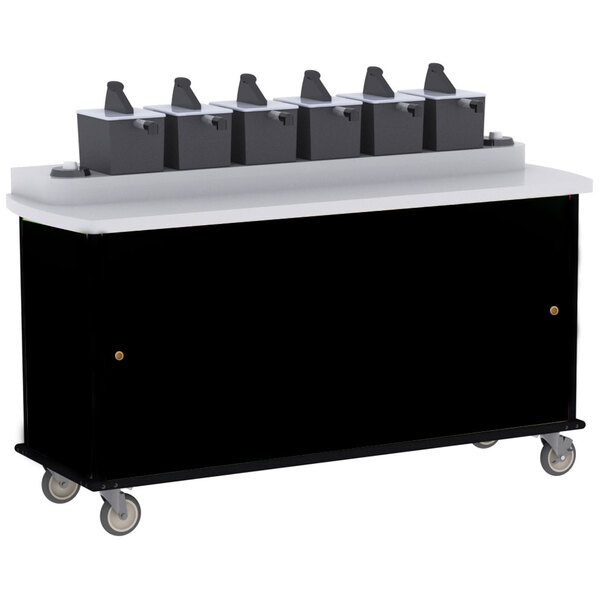A black Lakeside Condi-Express cart on a counter with black containers on top.