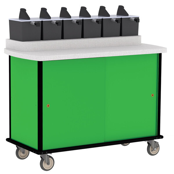 A green Lakeside condiment cart with black bins on top.