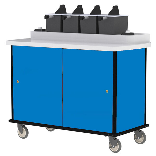 A Lakeside Royal Blue Condi-Express cart with black dispensers on top.