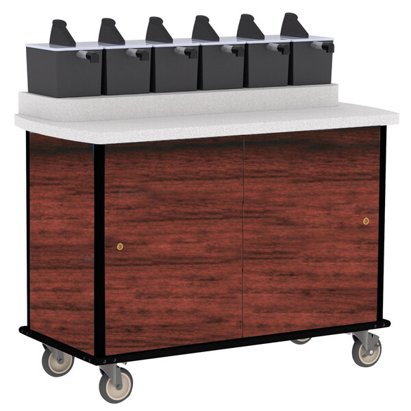 A Lakeside condiment cart with black containers on top.