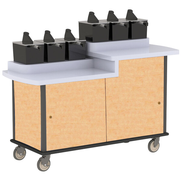 A Lakeside Hard Rock Maple condiment cart with black containers on it.