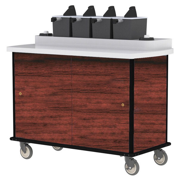 A red Lakeside condiment cart with a white top and black cup dispensers on it.