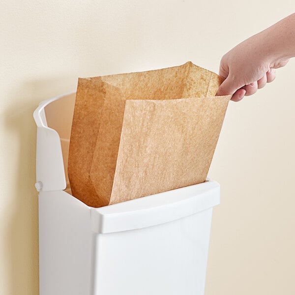 A hand putting a brown paper bag into a white container with a label for Lavex Sanitary Napkin Receptacle Bags.