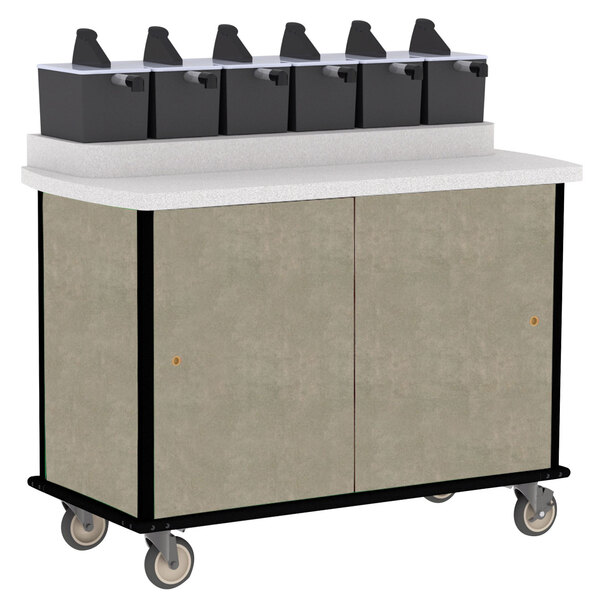 A beige Lakeside condiment cart with a row of black containers on top.